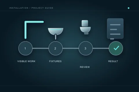 Visible rough work, installed fixtures, review and a recorded result appear as distinct stages on an inspection timeline.