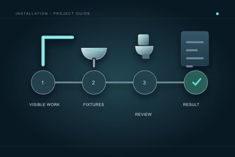 Visible rough work, installed fixtures, review and a recorded result appear as distinct stages on an inspection timeline.