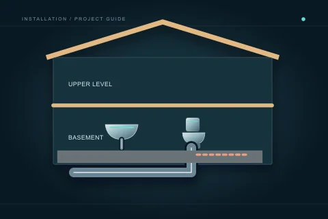 A house section distinguishes upper space, basement fixtures and an assessed route below the floor.
