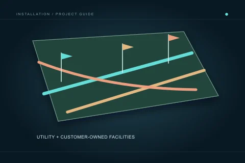 A site plan contains three different underground routes and flags, emphasizing utility and private-facility locating.