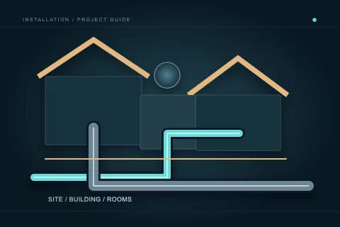 Two connected building volumes show service entry and interior system coordination across the planned rooms.