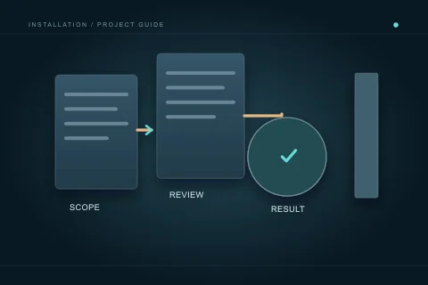 Separate scope and review documents lead to a recorded result before a wall panel closes.