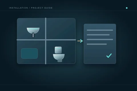 A room plan with a basin, toilet and shower zone connected to a separate project decision brief.