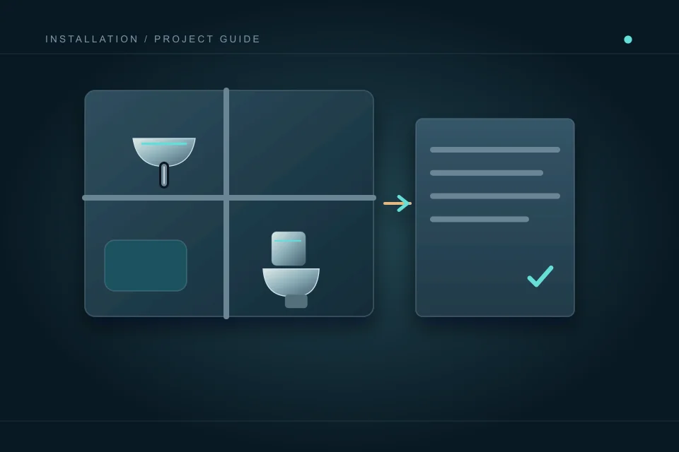 A room plan with a basin, toilet and shower zone connected to a separate project decision brief.