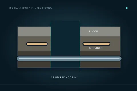 A defined opening passes through floor layers while separate concealed service routes remain visible for assessment.