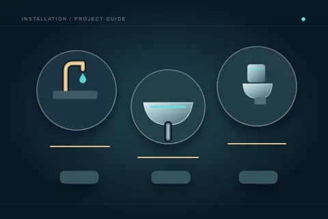 A faucet, basin and toilet use separate specification panels, emphasizing product-specific coordination.