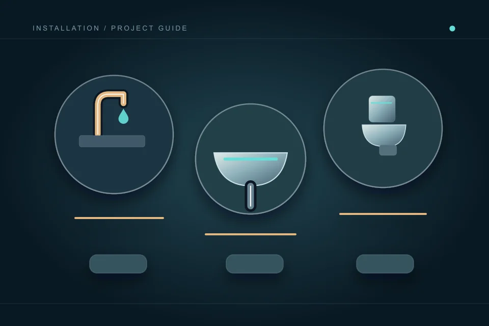 A faucet, basin and toilet use separate specification panels, emphasizing product-specific coordination.