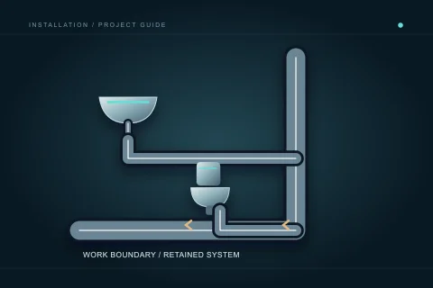 A basin and toilet branch into a larger wastewater stack, with the work boundary and retained system kept visible.