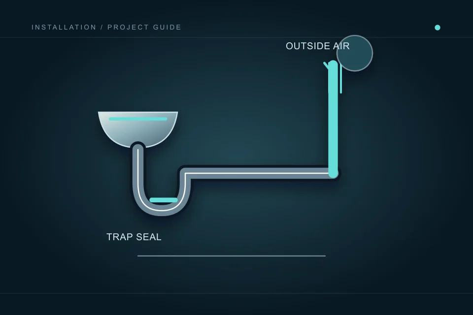 An indoor basin trap holds a water seal while a separate vent path connects the drainage concept to outside air.