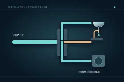 A supply manifold feeds separate basin, kitchen and laundry branches with distinct room uses.
