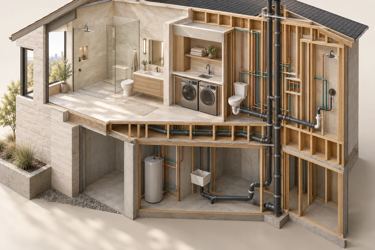 Conceptual cutaway of a bathroom and laundry renovation, with finished rooms beside exposed water and drainage routes.
